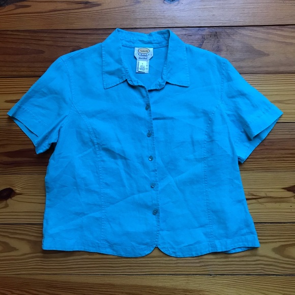 Talbots Teal Irish Linen Short Sleeve Button Down Top, EUC, L - Picture 3 of 11